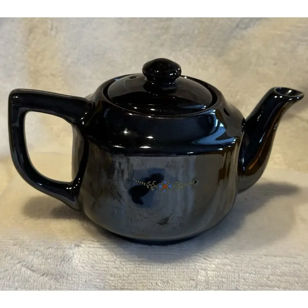 Vtg 1950's Redware Brown Betty Hand Painted Tea Pot 3.5